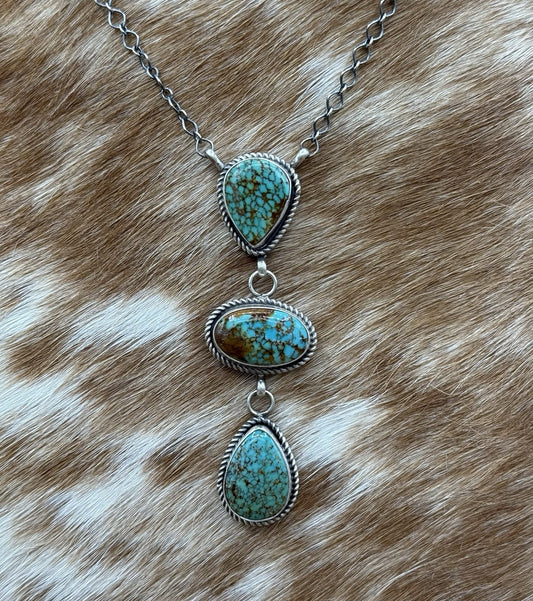 Native Navajo Handmade Sterling Silver Kingman Turquoise Lariat Necklace 18”