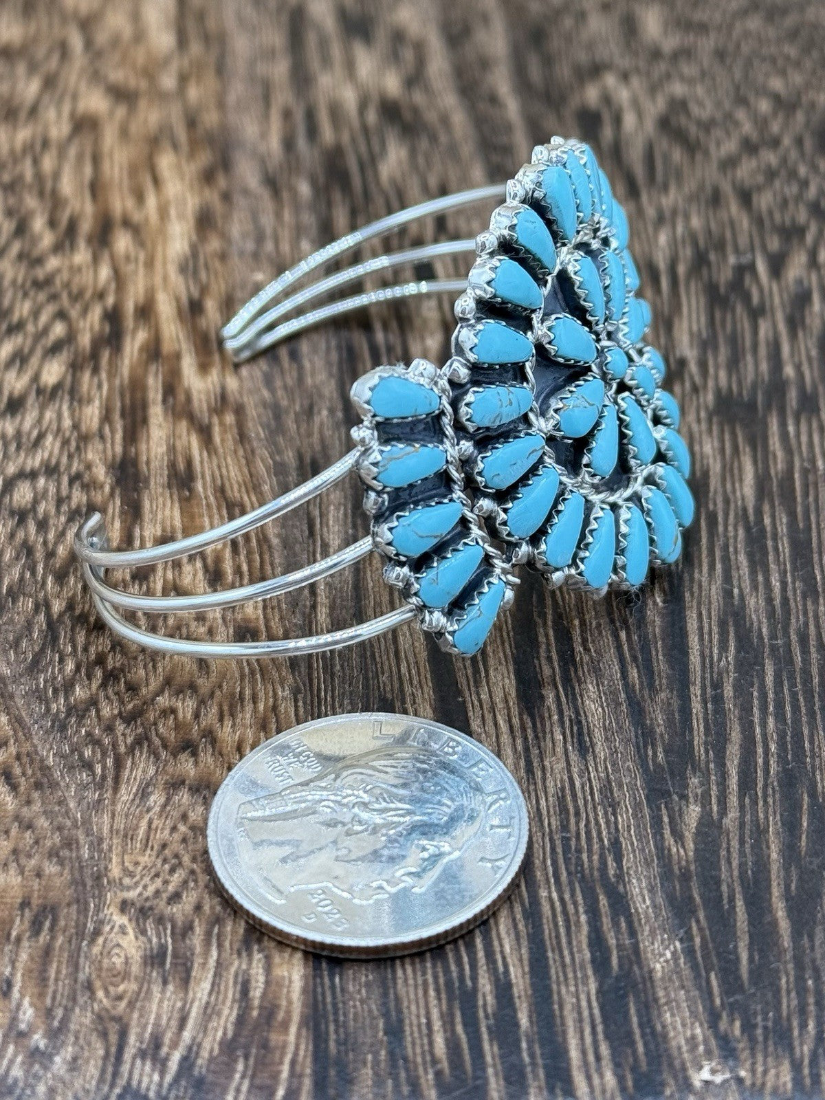 Native American Navajo Handmade Sterling Silver Turquoise Cluster Cuff Bracelet