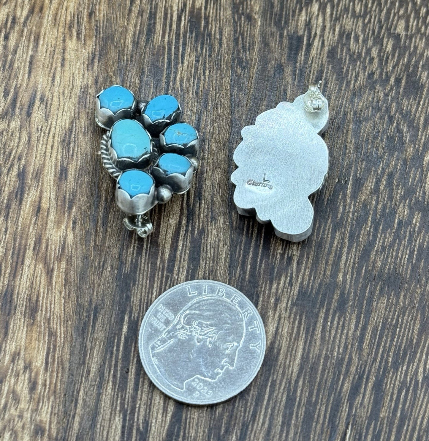 Navajo Handmade Sterling Silver Kingman Turquoise Half Cluster Post Earrings