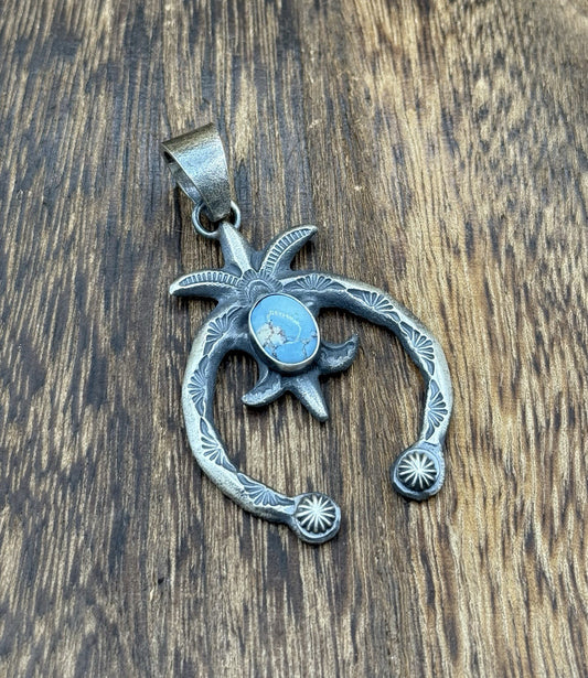 Navajo Handmade Sterling Silver Old Look Golden Hills Turquoise Naja Pendant