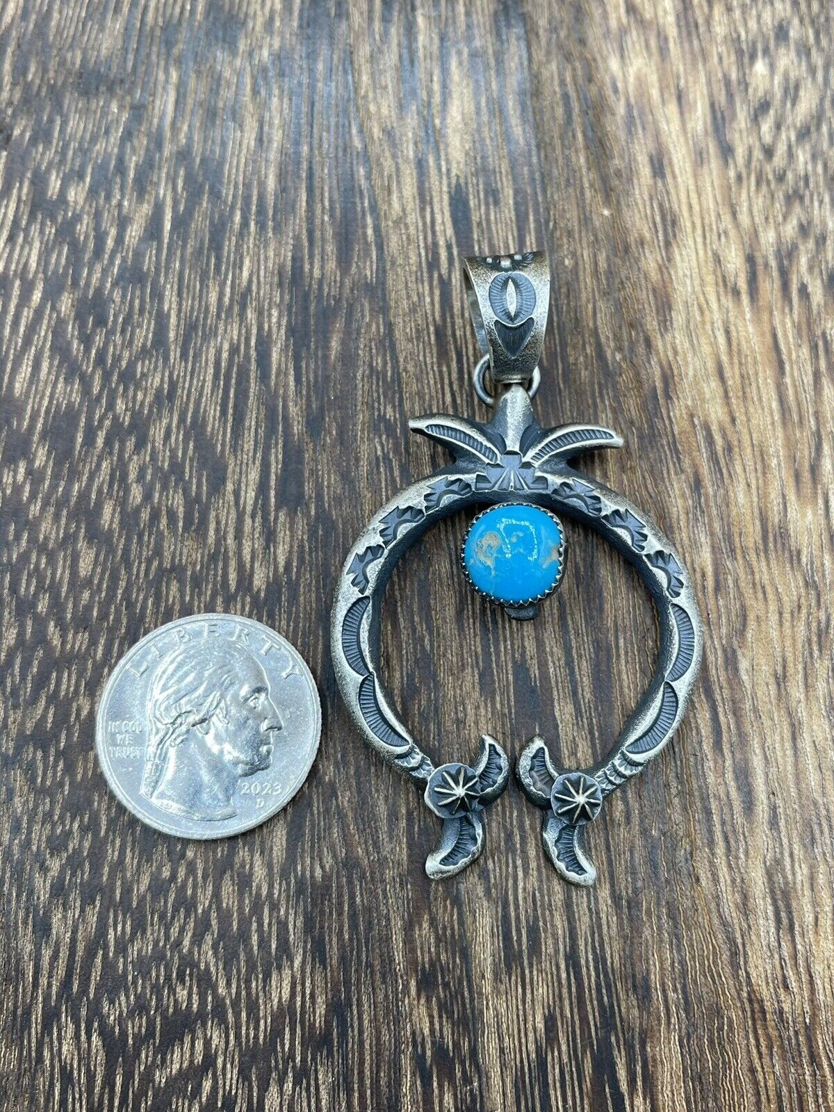 Native American Indian Navajo Handmade Silver Old Look Turquoise Naja Pendant