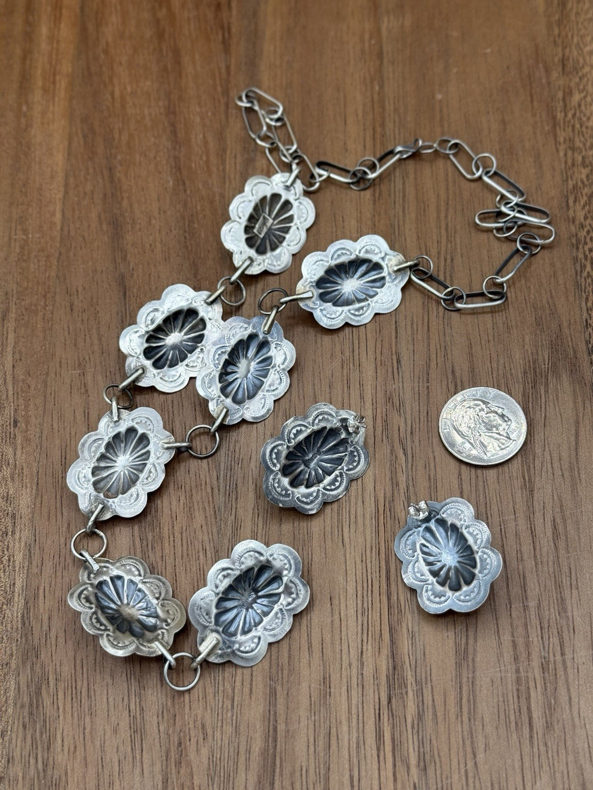 Navajo Handmade Sterling Silver Stamped Concho Turquoise Lariat Necklace Set 20”