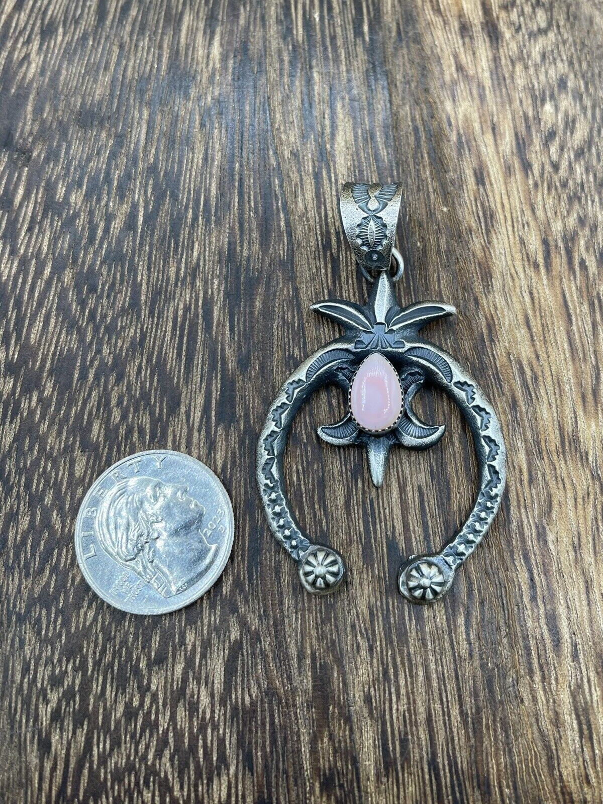 Native American Indian Navajo Handmade Silver Old Look Pink Concho Naja Pendant