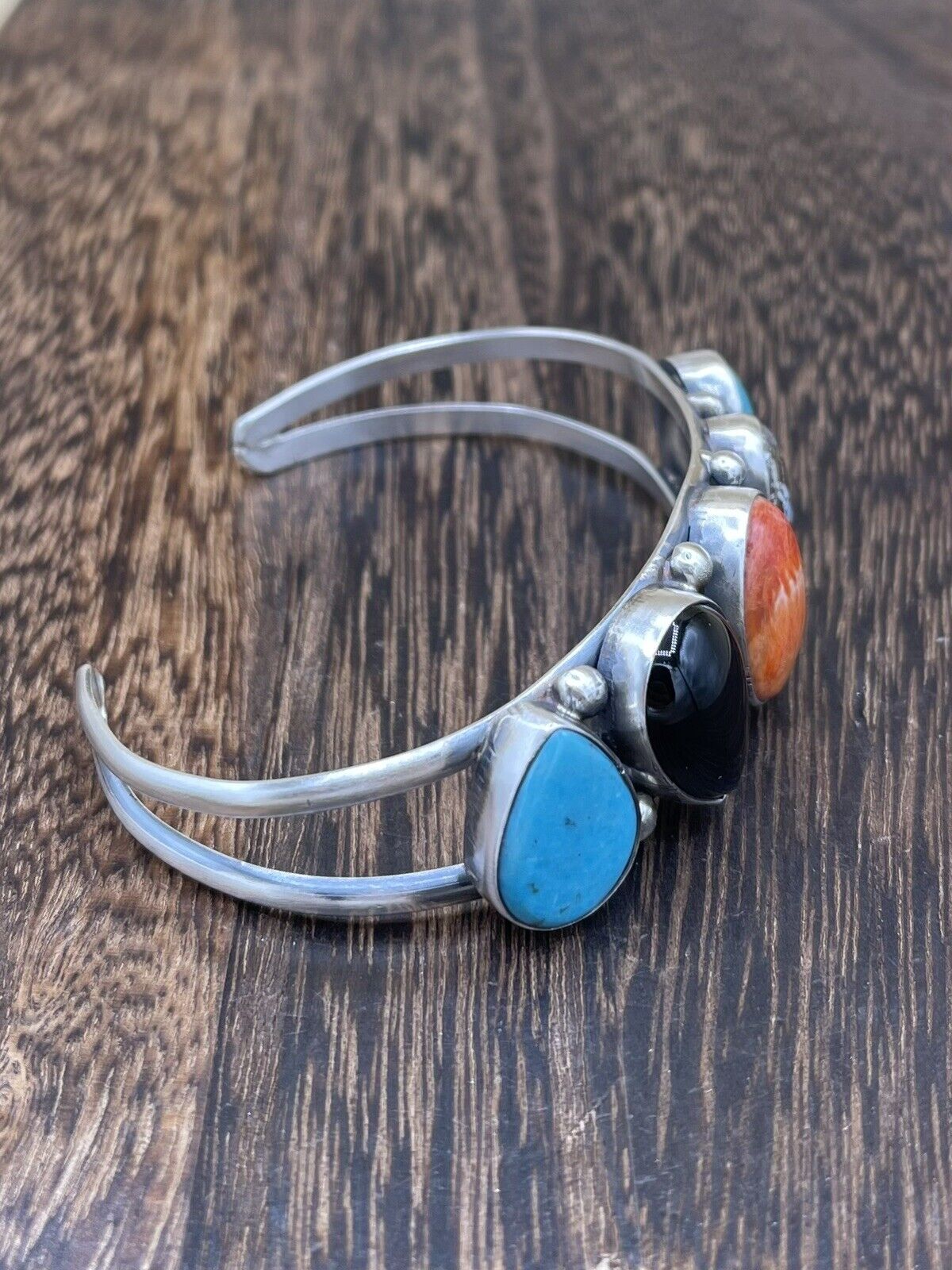 Native American Navajo Handmade Sterling Silver Multi Stone color Cuff Bracelet