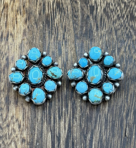 Native Navajo Handmade Sterling Silver Kingman Turquoise Cluster Post Earrings