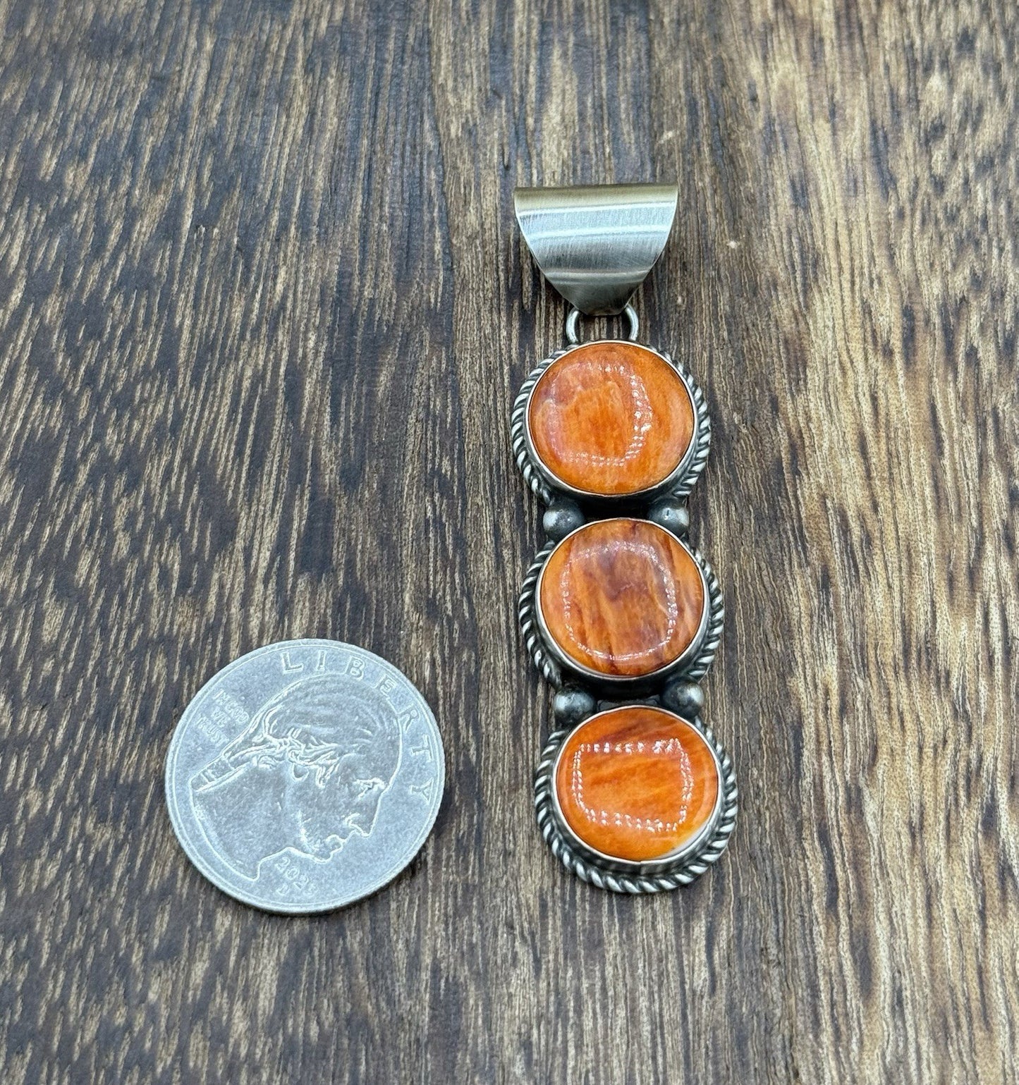 Navajo Handmade Sterling Silver Orange Spiny Oyster Cluster Drop Pendant