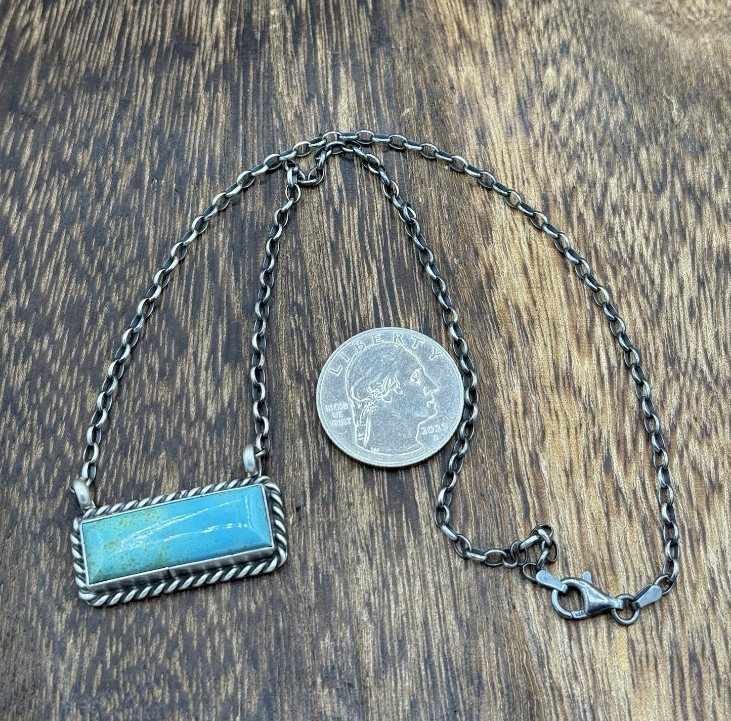 Navajo Handmade Sterling Silver Kingman Turquoise Bar Necklace 16” Augustine L.