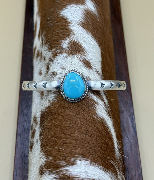 Native Navajo Handmade Sterling Silver Kingman Turquoise Stacker Cuff Bracelet