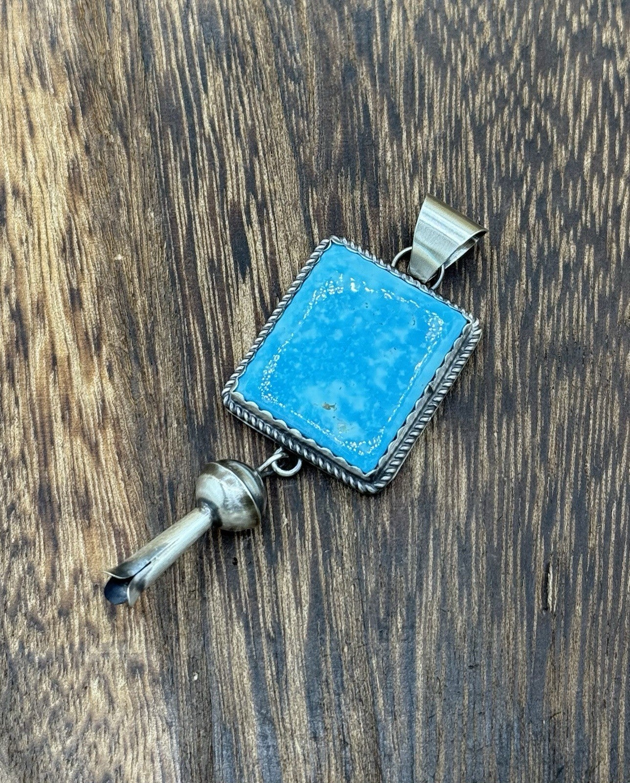 Native Navajo Handmade Sterling Silver Kingman Turquoise Dangle Blossom Pendant