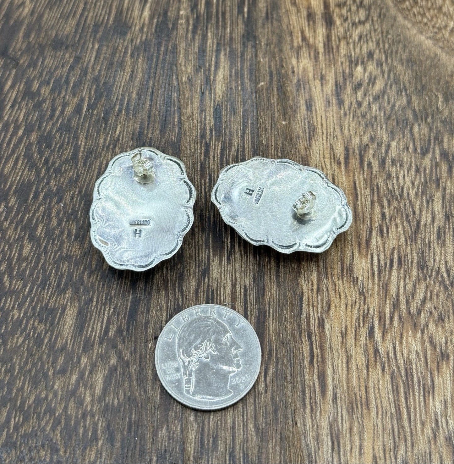 Navajo Handmade Sterling Silver Red Spiny Oyster Shell Stamped Post Earrings