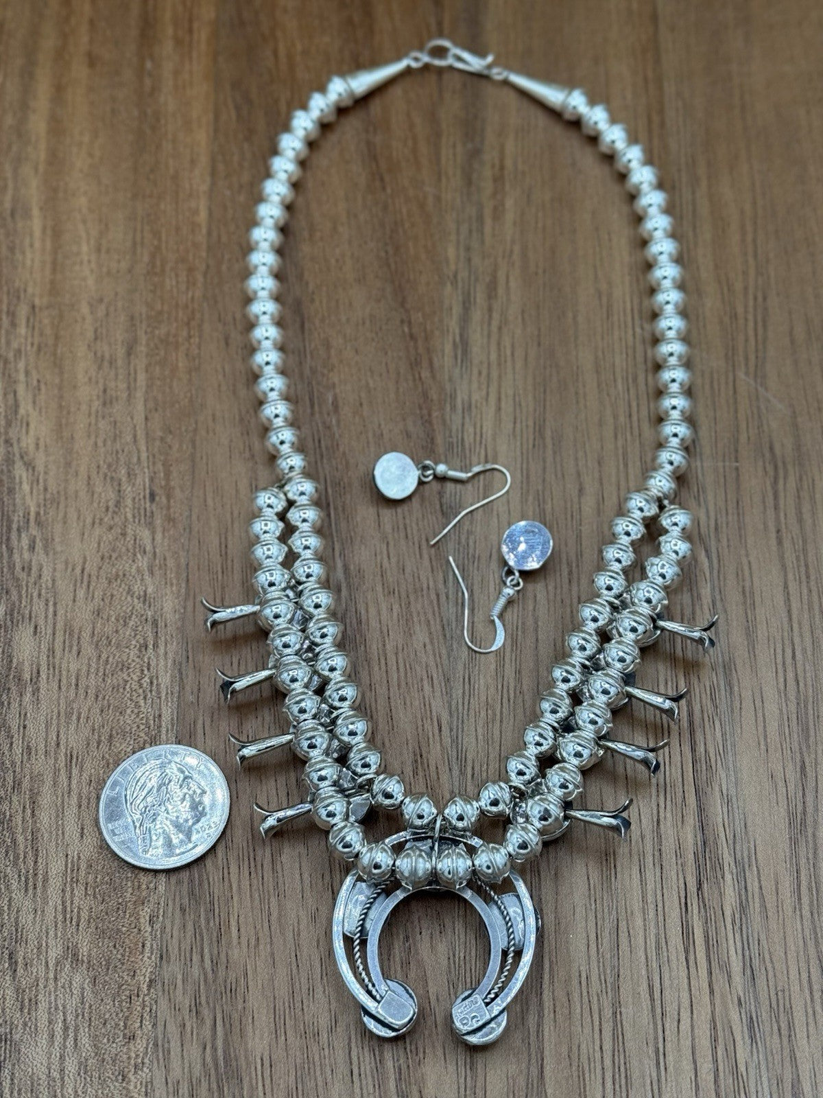 Navajo Handmade Sterling Silver Turquoise Shadowbox Squash Blossom Necklace 17”