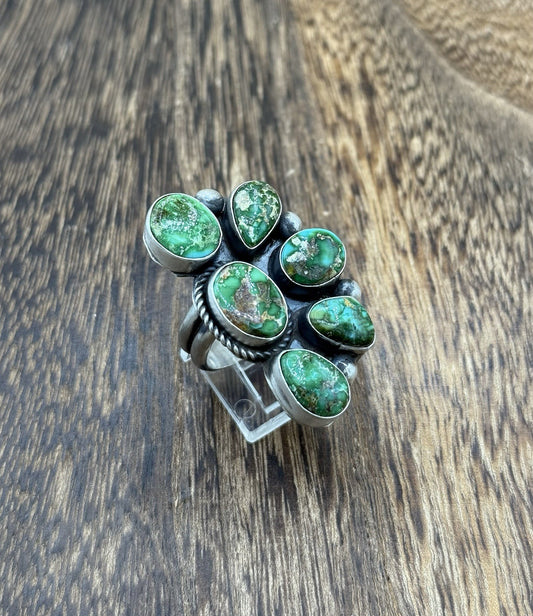 Navajo Handmade Sterling Silver Sonoran Gold Turquoise Half Cluster Ring Size 8
