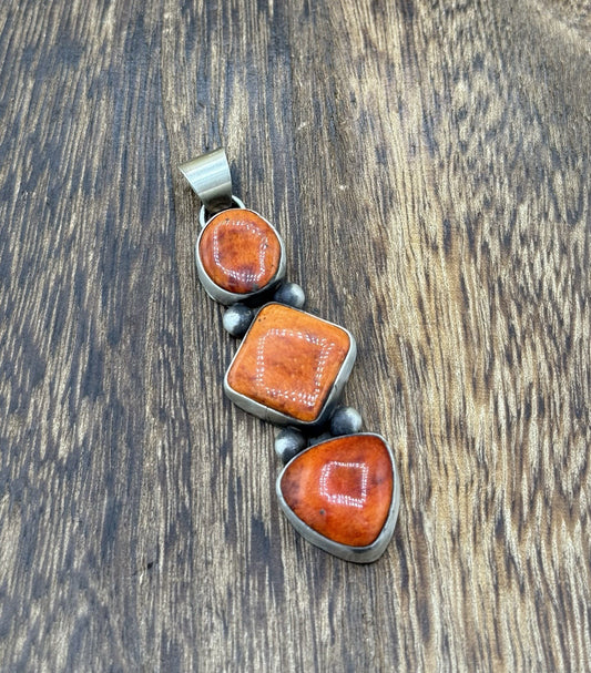 Navajo Handmade Sterling Silver Orange Spiny Oyster Shell Cluster Drop Pendant