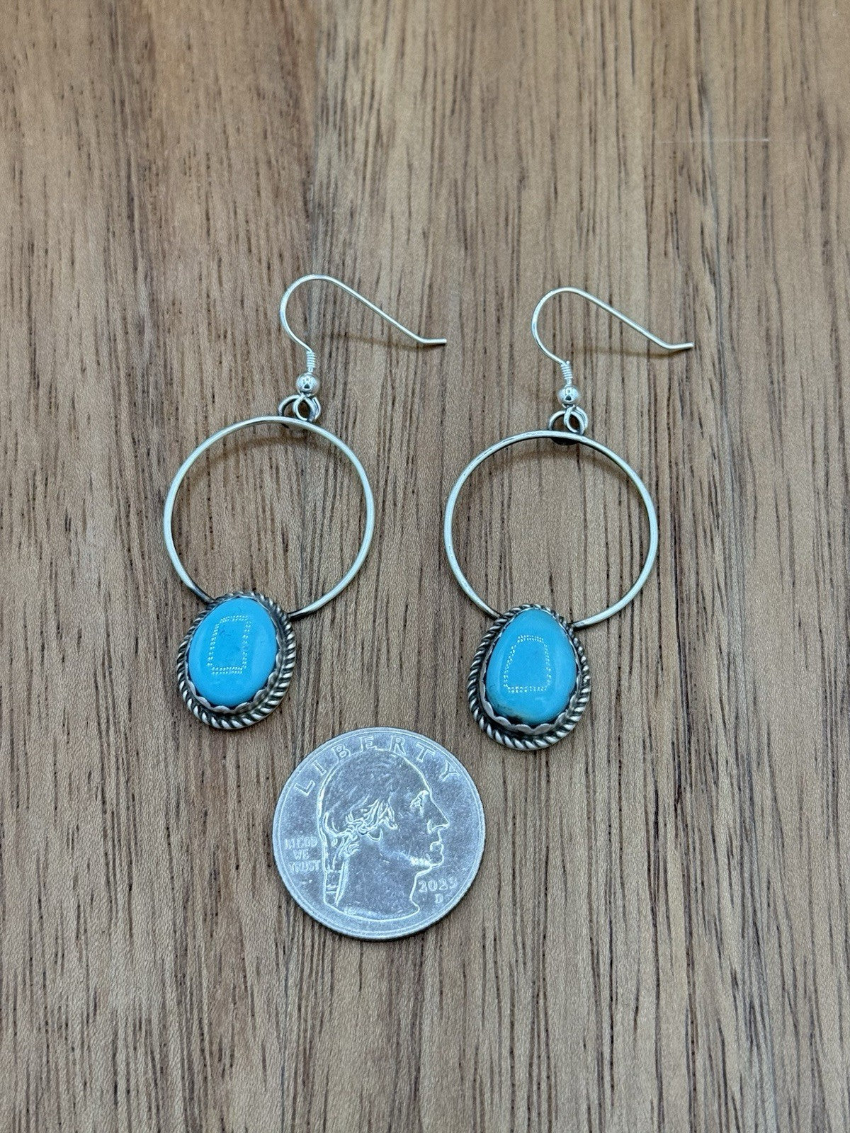 Navajo Handmade Sterling Silver Kingman Turquoise Hoop Dangle Drop Earrings