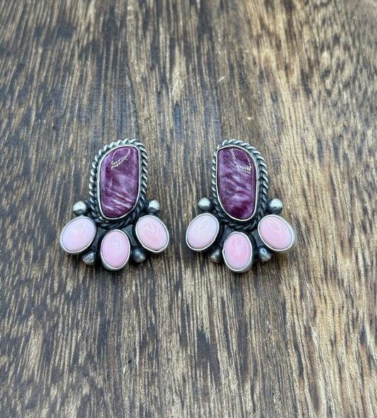 Navajo Handmade Sterling Silver Multi Color Spiny Pink Shell Cluster Earrings