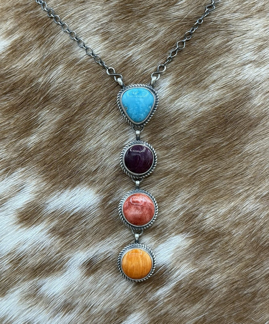 Navajo Handmade Sterling Silver Multi Color Mixed Stone Lariat Necklace 18”