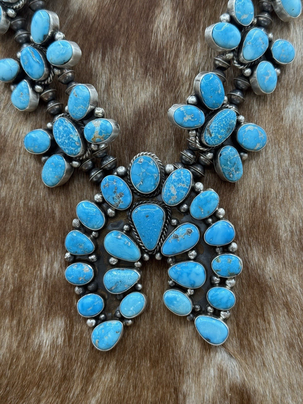 Navajo Handmade Sterling Silver Blue Ridge Turquoise Squash Blossom Necklace