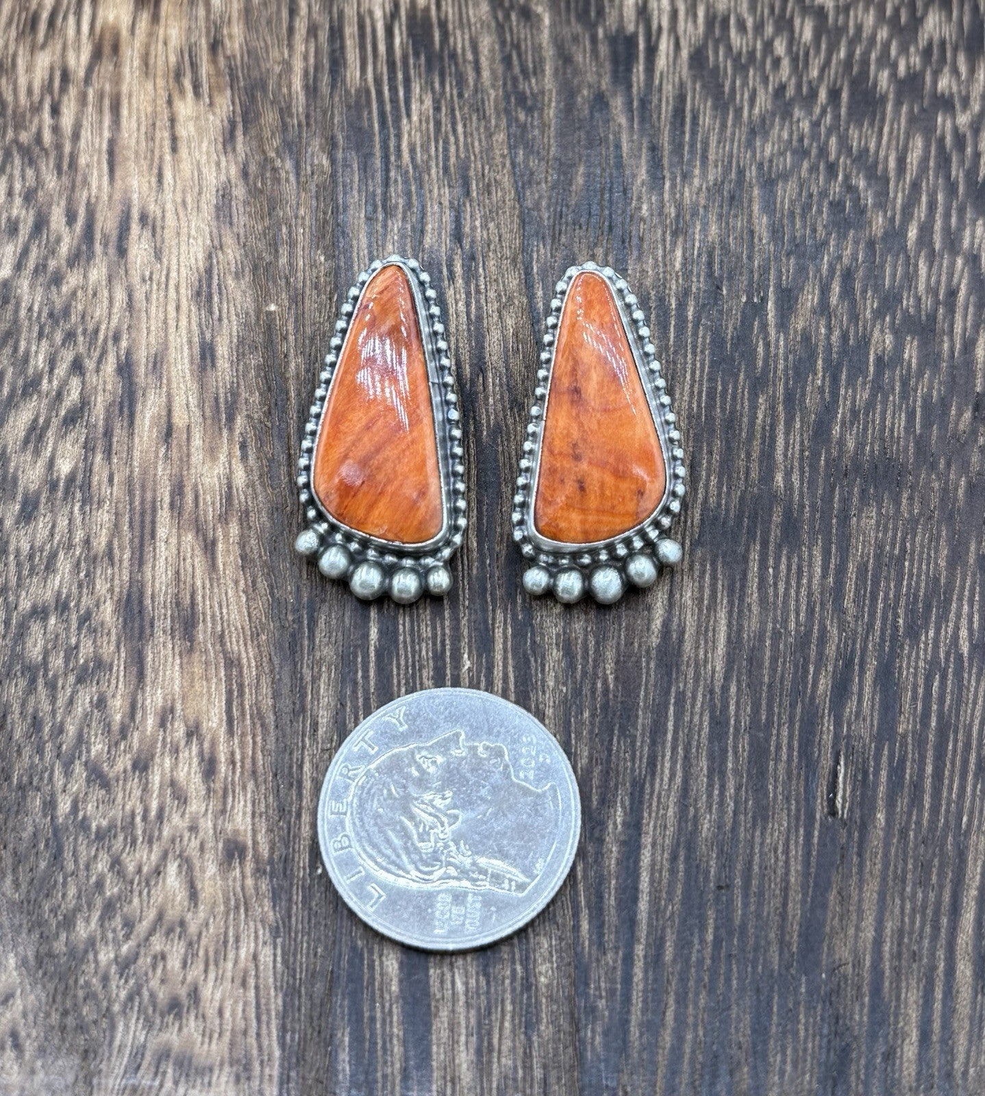Native Navajo Handmade Sterling Silver Orange Spiny Oyster Post Stud Earrings
