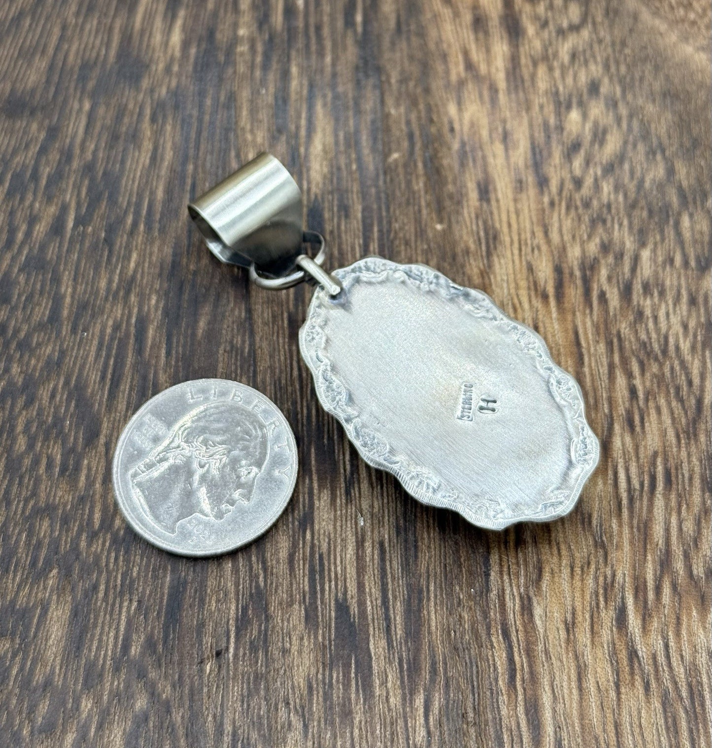 Navajo Handmade Sterling Silver Royston Turquoise Stamped Design Drop Pendant