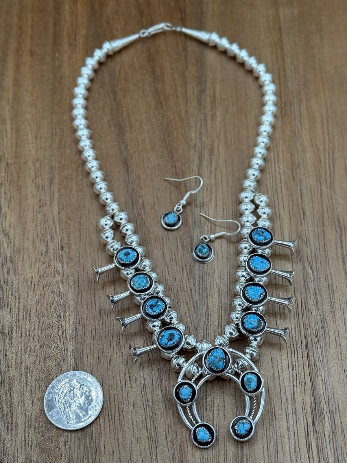 Navajo Handmade Sterling Silver Turquoise Shadowbox Squash Blossom Necklace 17”
