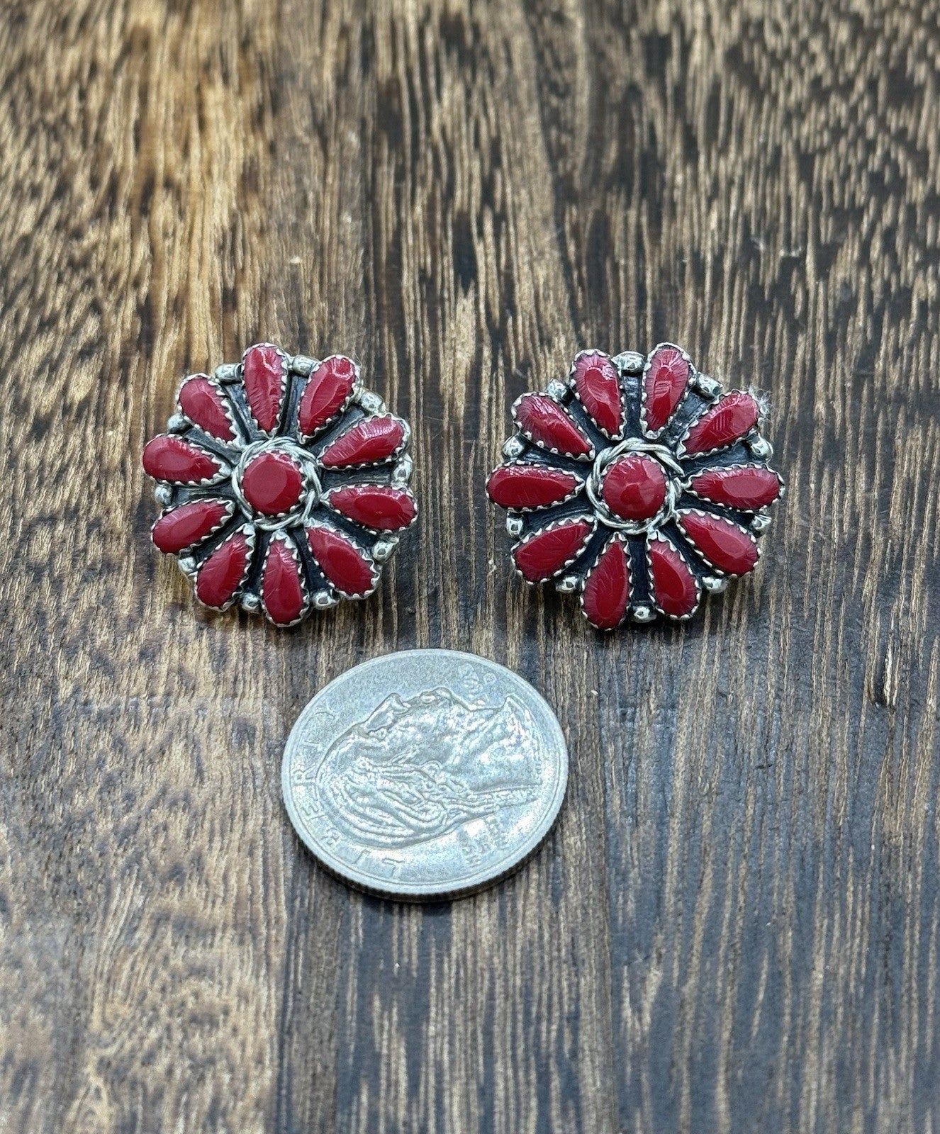 Native American Navajo Handmade Sterling Silver Red Coral Cluster Stud Earrings