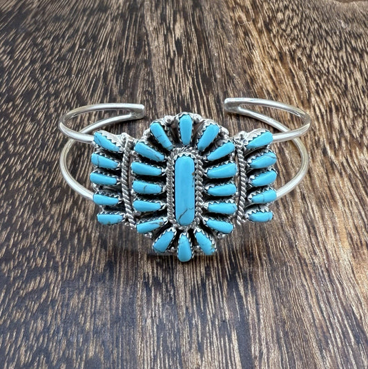 Navajo Handmade Sterling Silver Turquoise Traditional Cluster Cuff Bracelet
