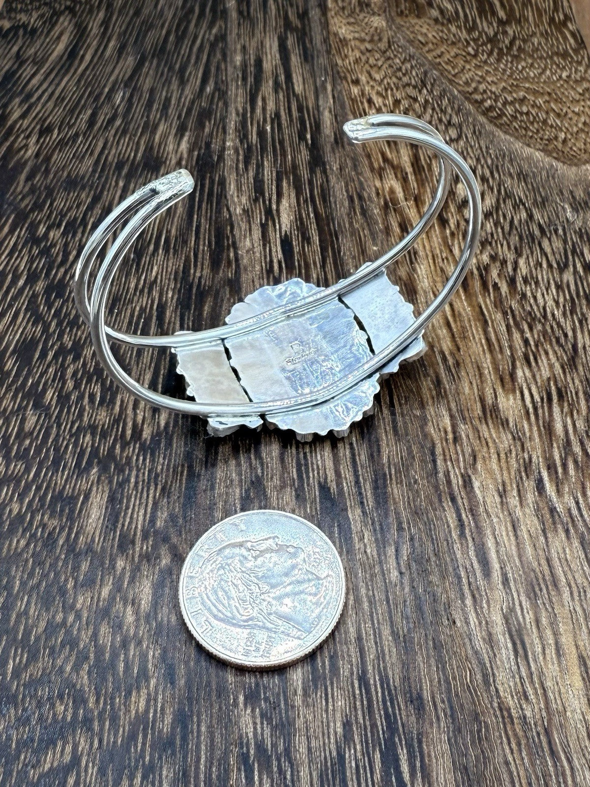 Navajo Handmade Sterling Silver Turquoise Traditional Cluster Cuff Bracelet