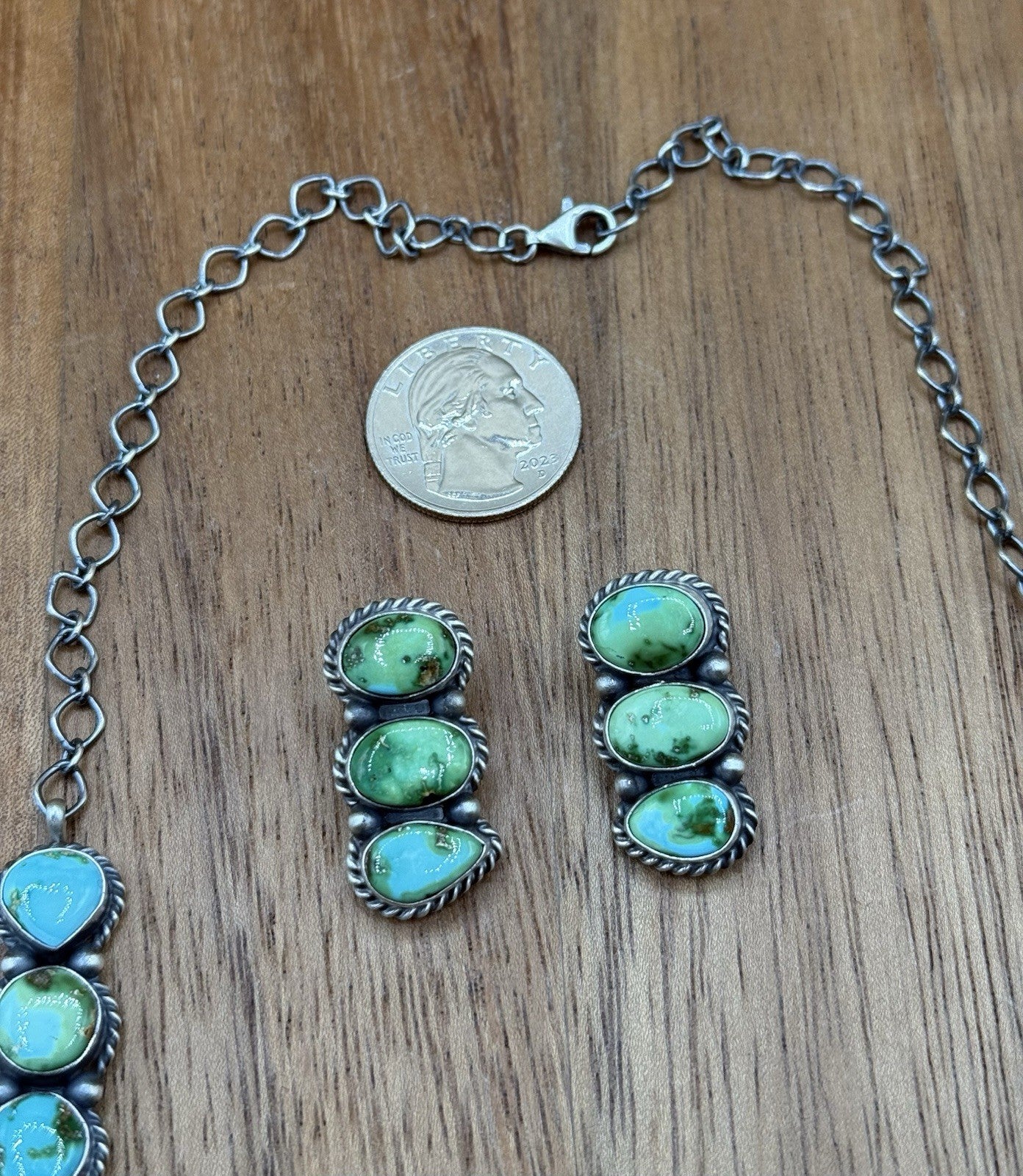 Navajo Handmade Sterling Silver Sonoran Gold Turquoise Cluster Necklace Set 20”