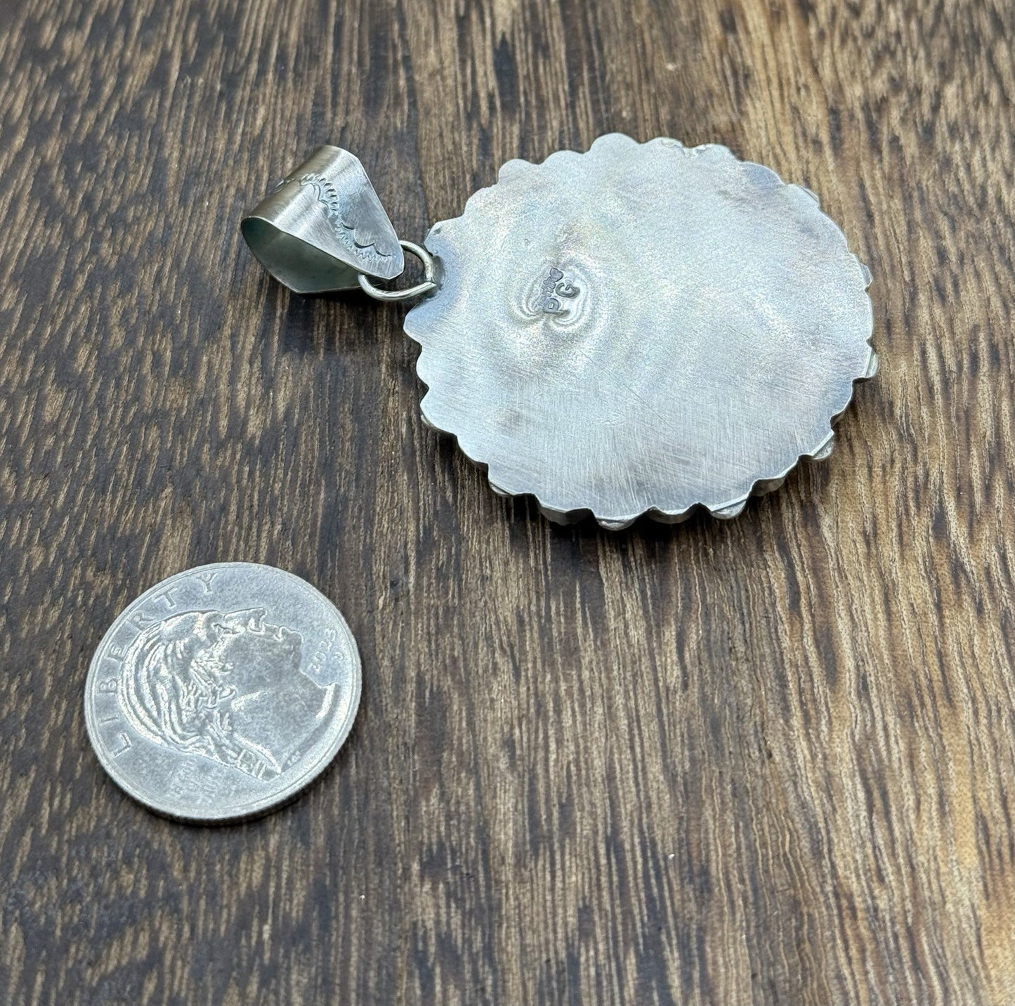 Navajo Handmade Sterling Silver Sonoran Turquoise Cluster Buffalo Coin Pendant