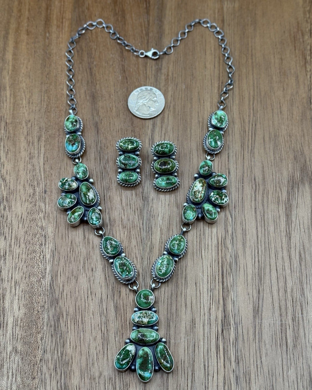 Navajo Handmade Sterling Silver Sonoran Gold Turquoise Cluster Necklace Set 20”