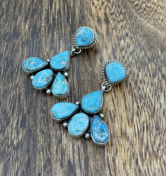 Navajo Handmade Sterling Silver Blue Bird Turquoise Cluster Post Dangle Earrings