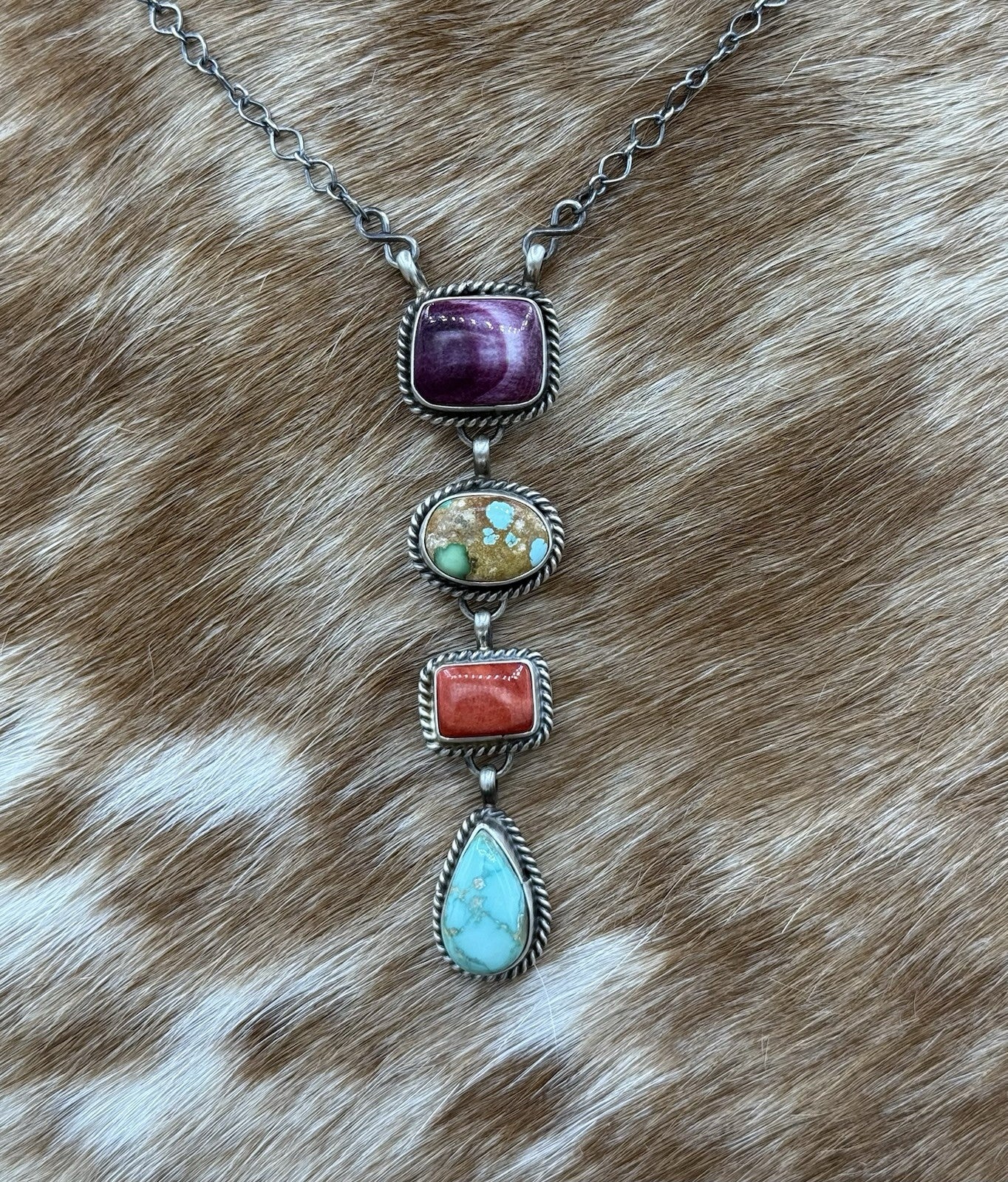 Navajo Handmade Sterling Silver Multi Color Mixed Stone Lariat Necklace 18”