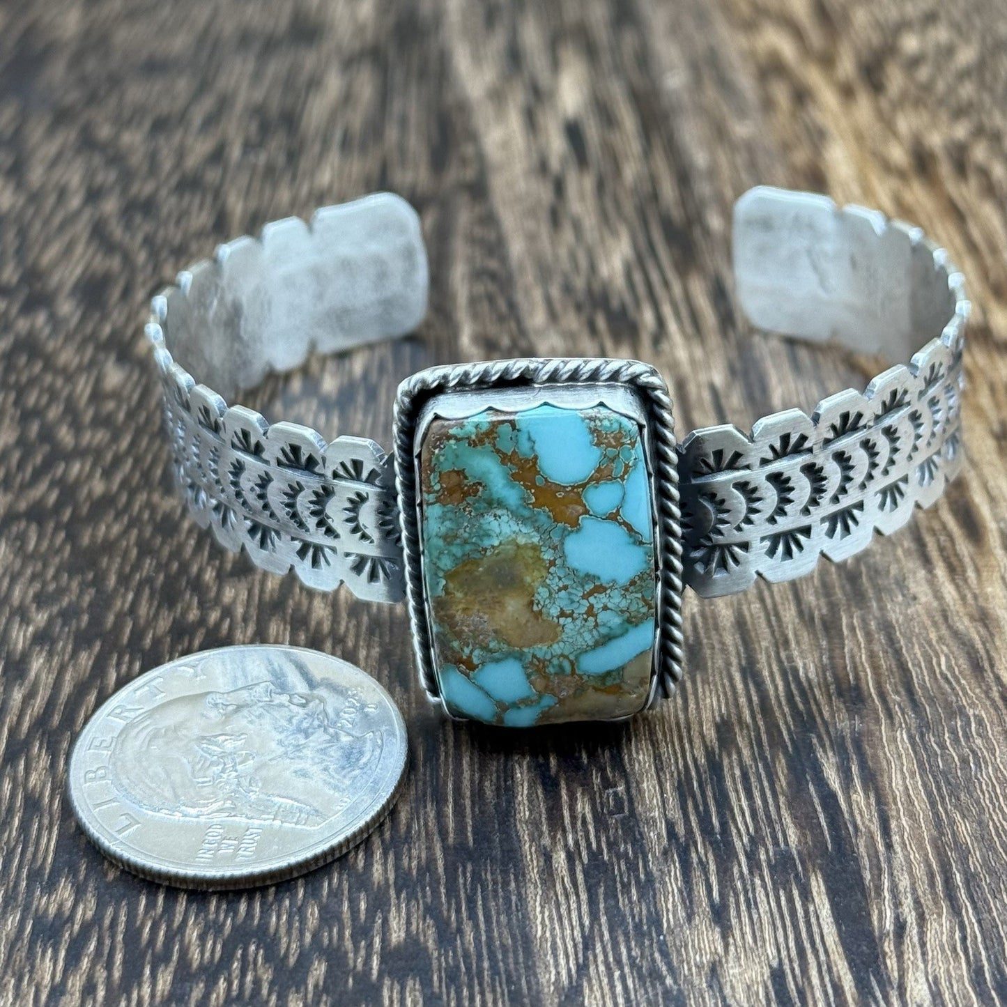 Navajo Handmade Sterling Silver Royston Turquoise Stacker Cuff Bracelet