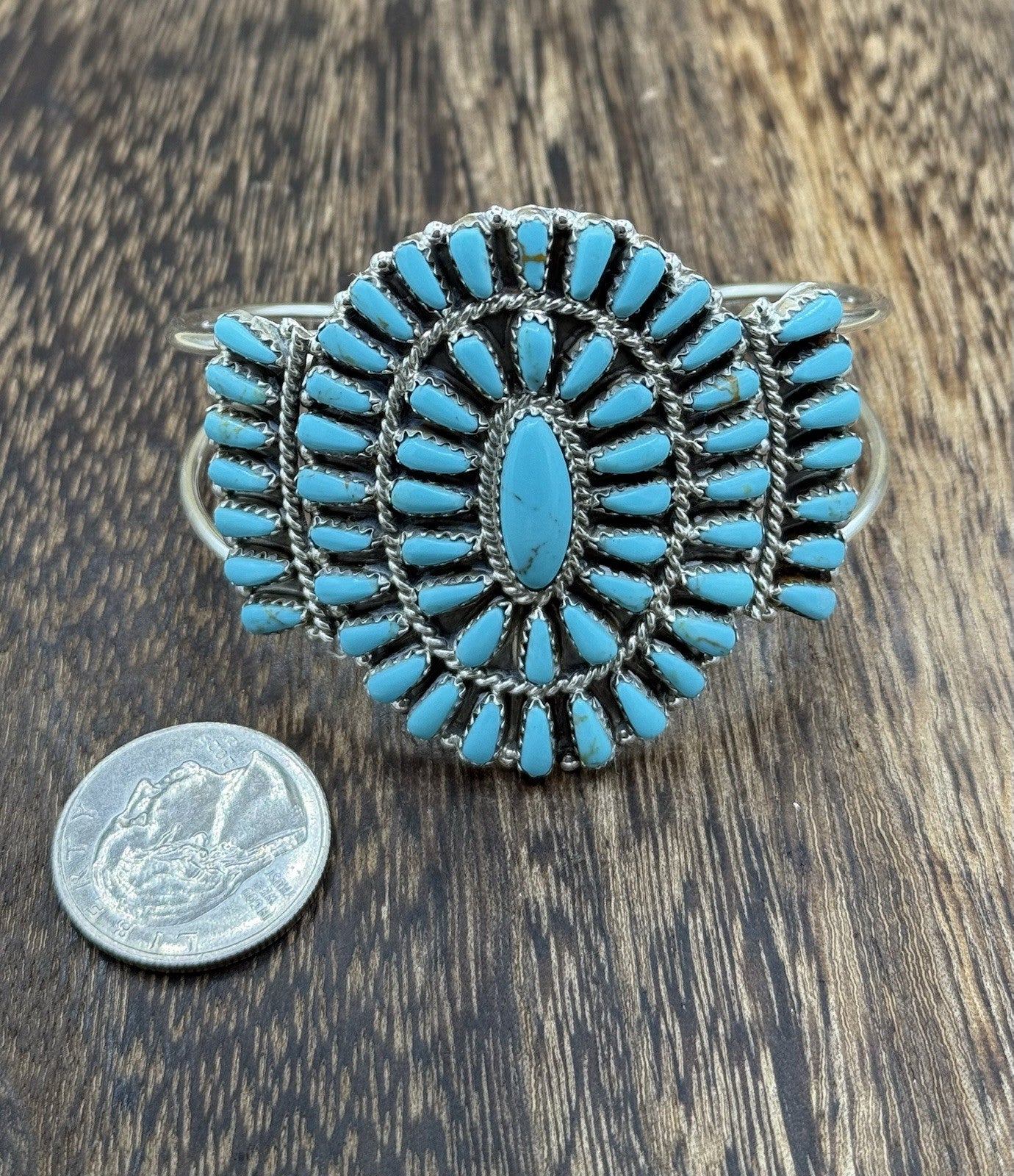 Native American Navajo Handmade Sterling Silver Turquoise Cluster Cuff Bracelet