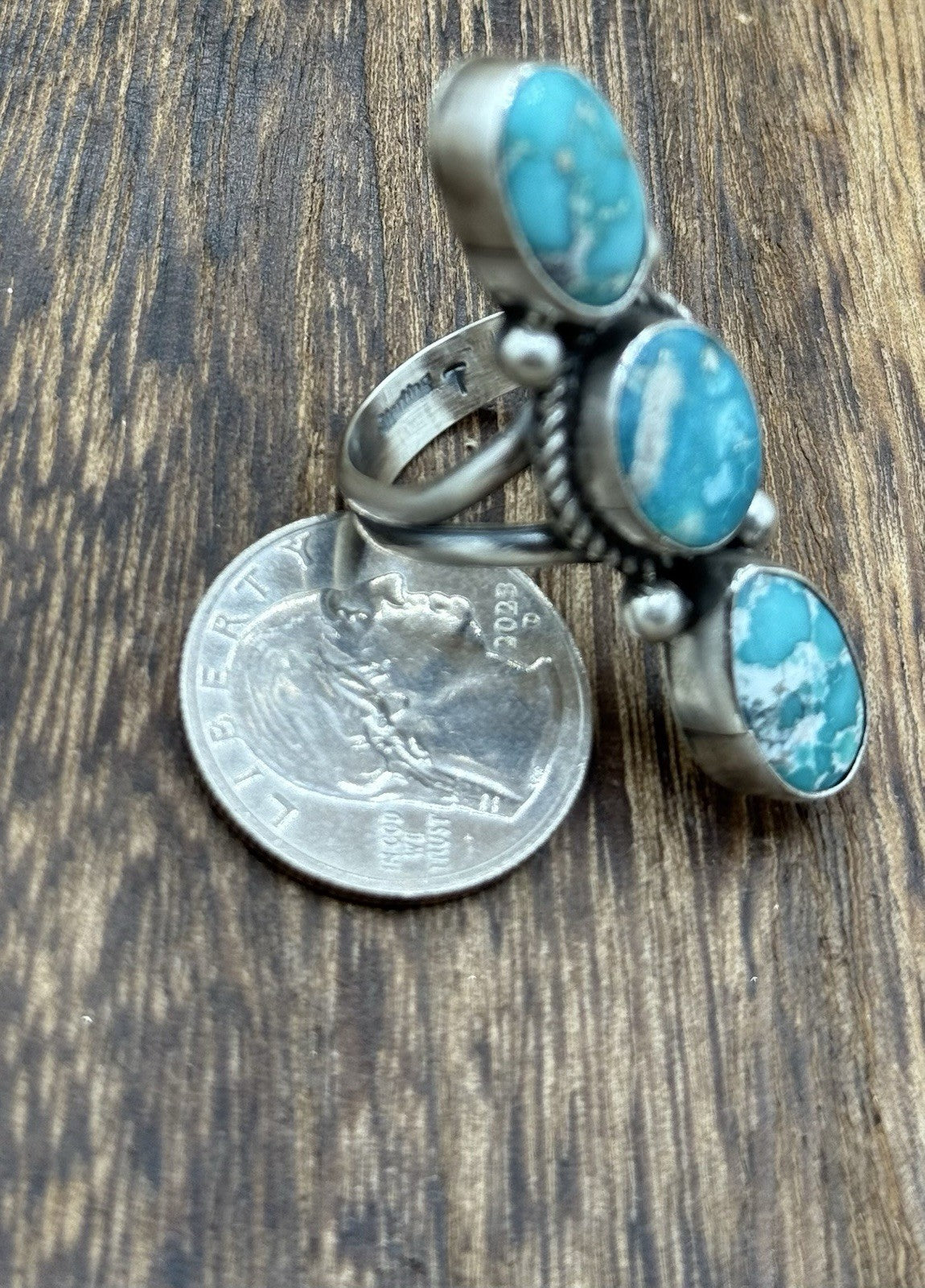 Navajo Handmade Sterling Silver Blue Bird Turquoise Cluster Ring Size 9