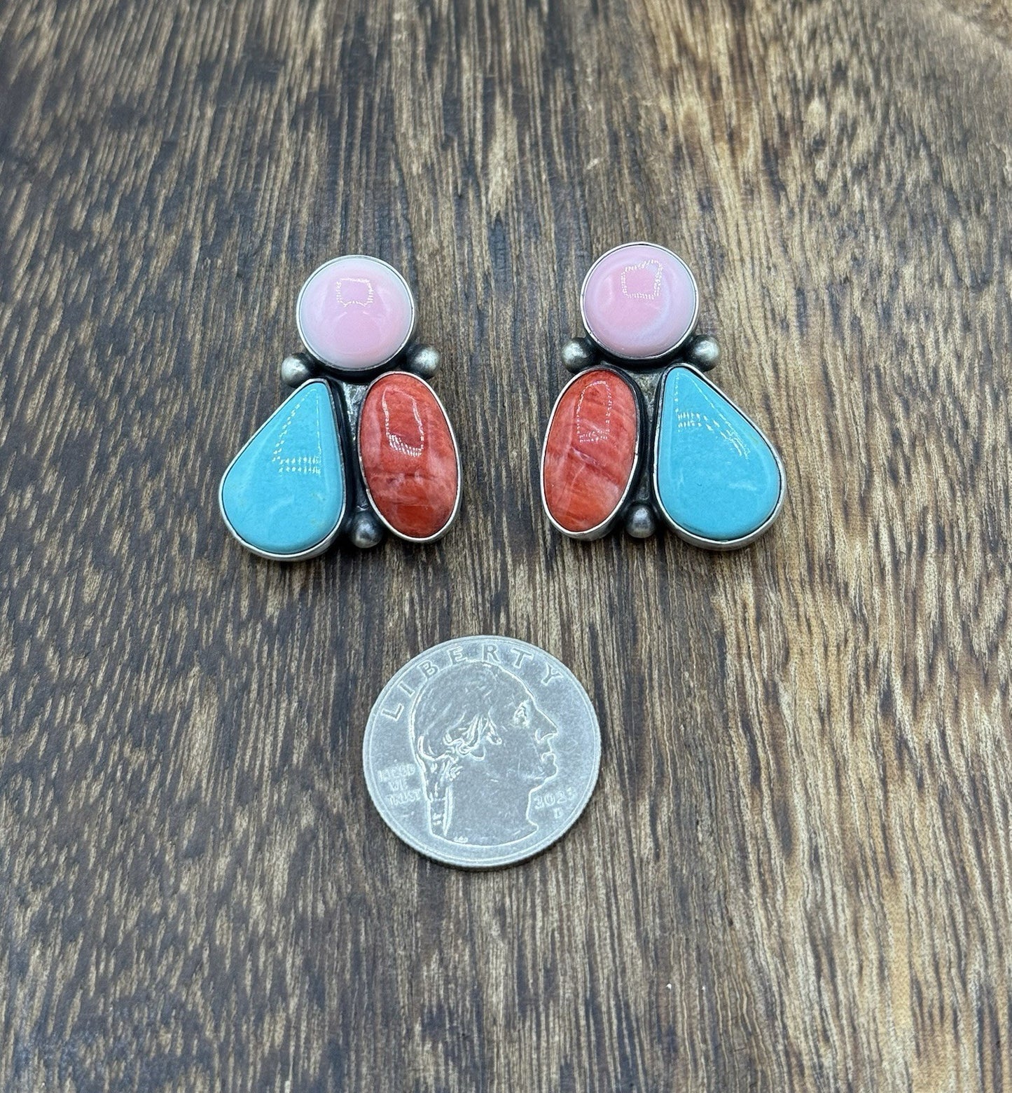 Navajo Handmade Sterling Silver Multi Color Turquoise Spiny Cluster Earrings