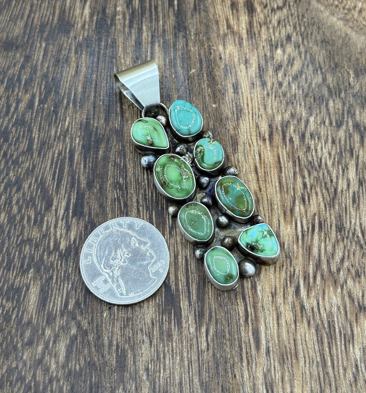 Navajo Handmade Sterling Silver Sonoran Gold Turquoise Cluster Drop Pendant