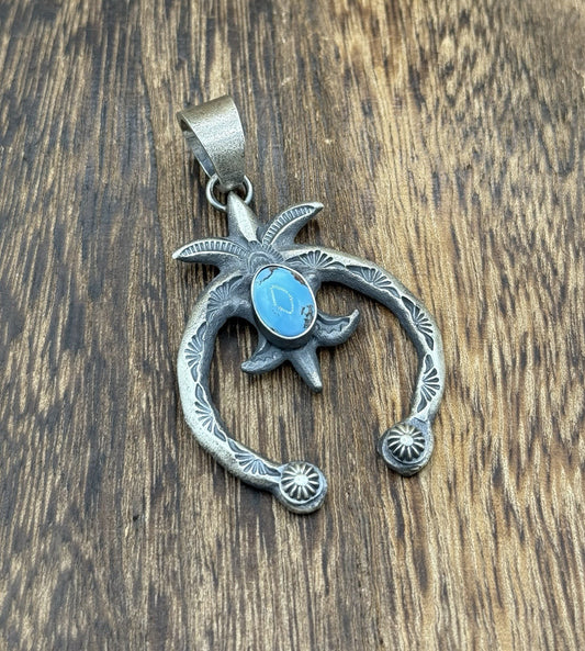 Navajo Handmade Sterling Silver Old Look Golden Hills Turquoise Naja Pendant