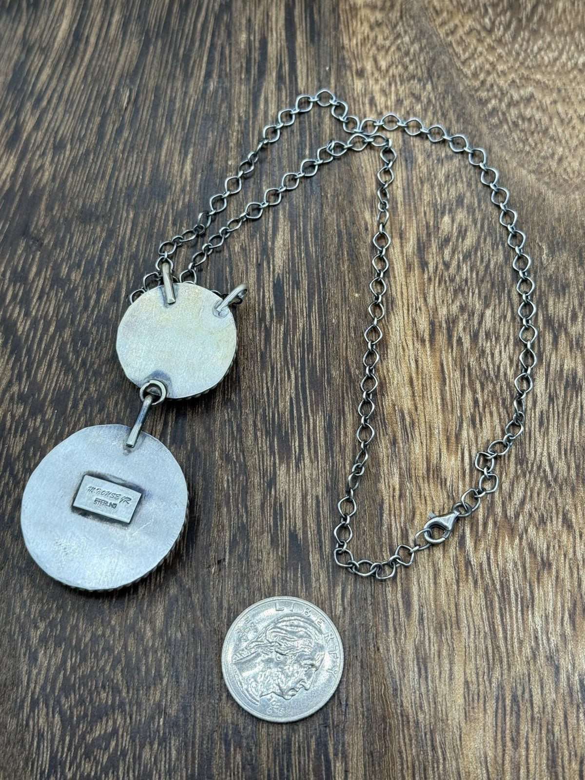 Navajo Handmade Sterling Silver Kingman Turquoise Cluster Bar Necklace 18”