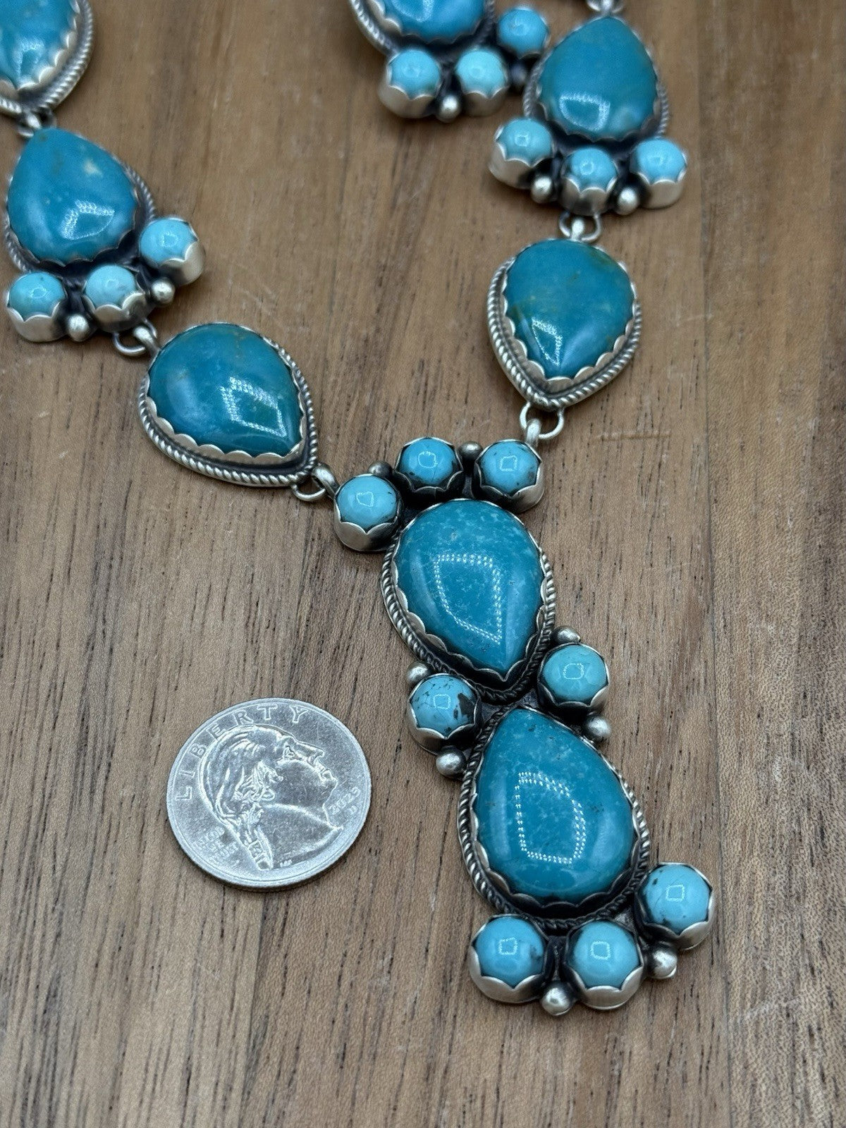Native Navajo Handmade Sterling Silver Kingman Turquoise Lariat Necklace Set 24”