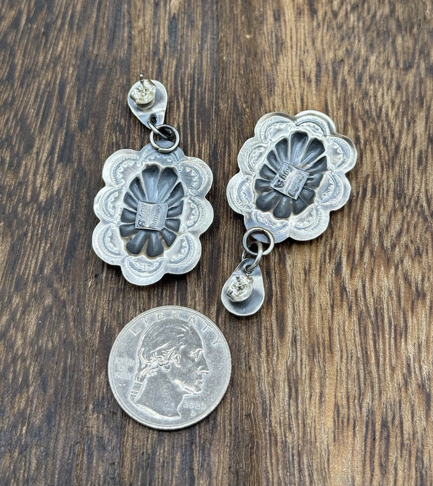 Navajo Handmade Sterling Silver Old Look Stamped Concho Design Post Earrings