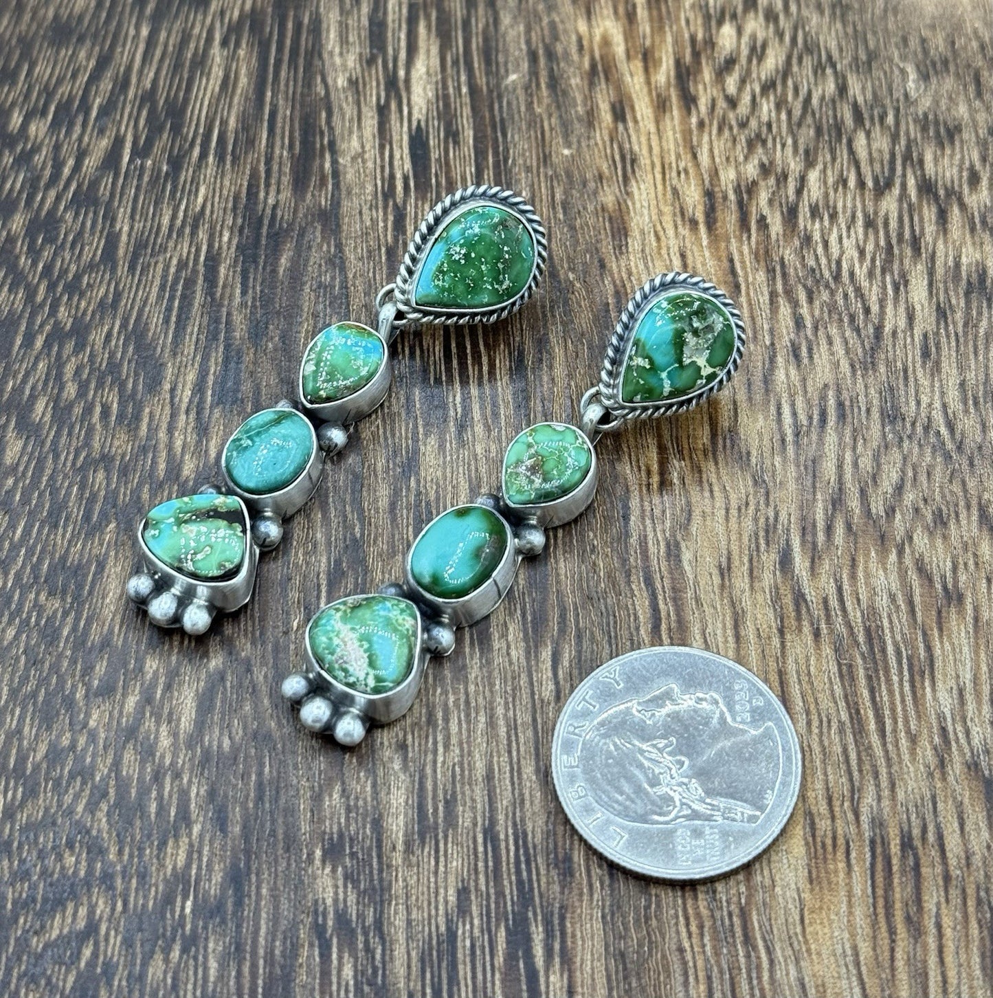 Navajo Handmade Sterling Silver Sonoran Gold Turquoise Post Cluster Earrings