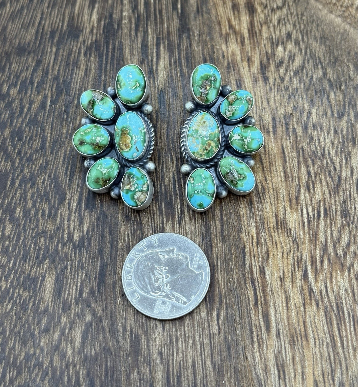 Navajo Handmade Sterling Silver Sonoran Gold Turquoise Half Cluster Earrings