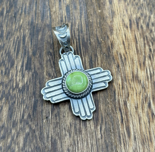 Navajo Handmade Sterling Silver Old Look Sonoran Gold Turquoise Zia Pendant