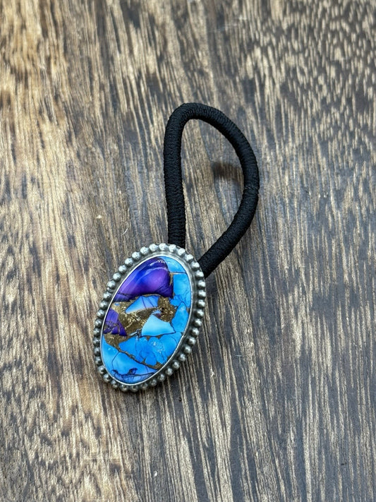 Native Navajo Handmade Sterling Silver Violet Rose & Blue Dahlia Hair Tie