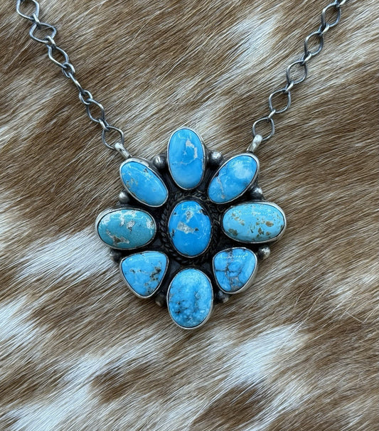 Navajo Handmade Sterling Silver Blue Ridge Turquoise Cluster Bar Necklace 18”