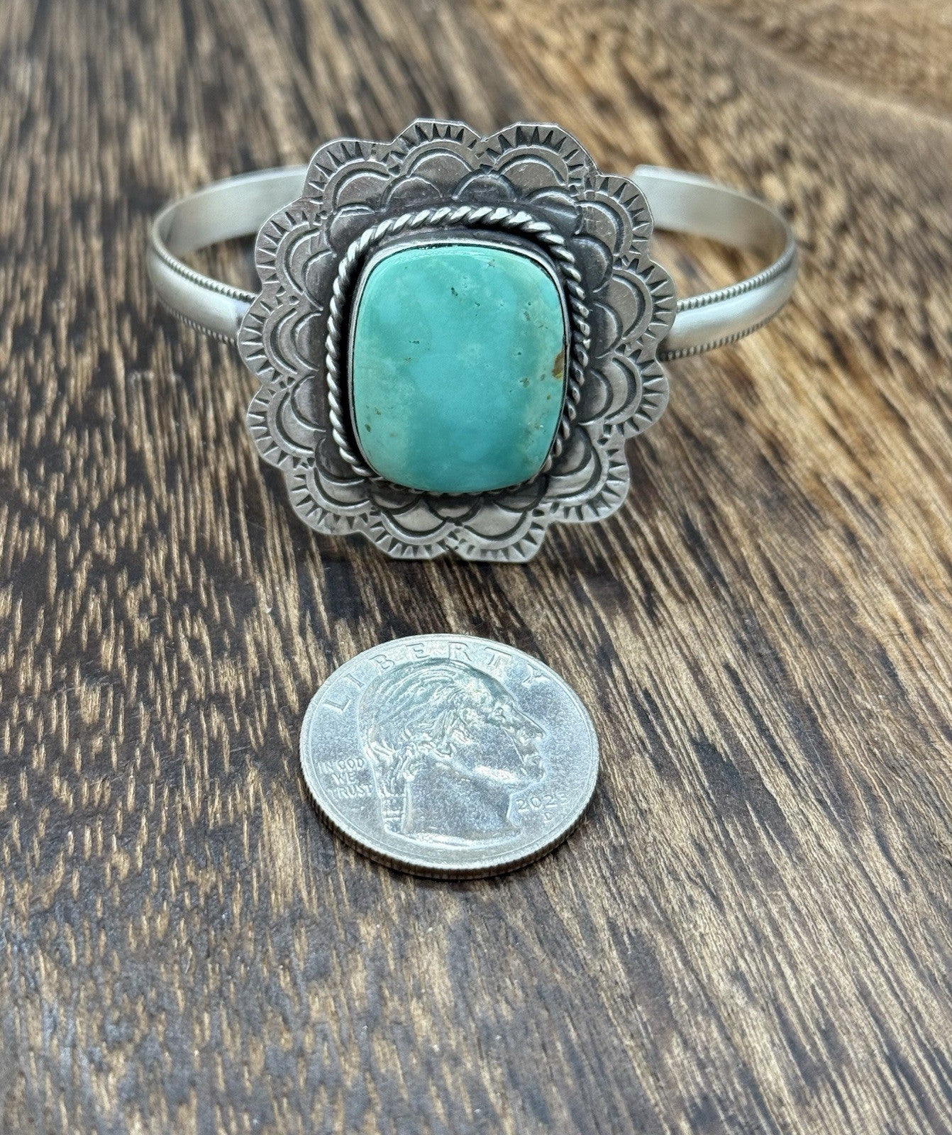 Native Navajo Handmade Sterling Silver Kingman Turquoise Cuff Stamped Bracelet