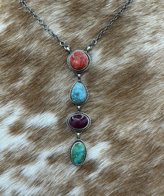 Navajo Handmade Sterling Silver Multi Color Mixed Stone Lariat Necklace 18”