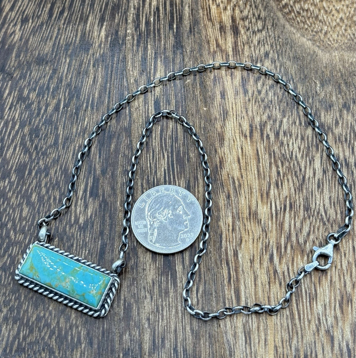 Navajo Handmade Sterling Silver Kingman Turquoise Bar Necklace 16” Augustine L.