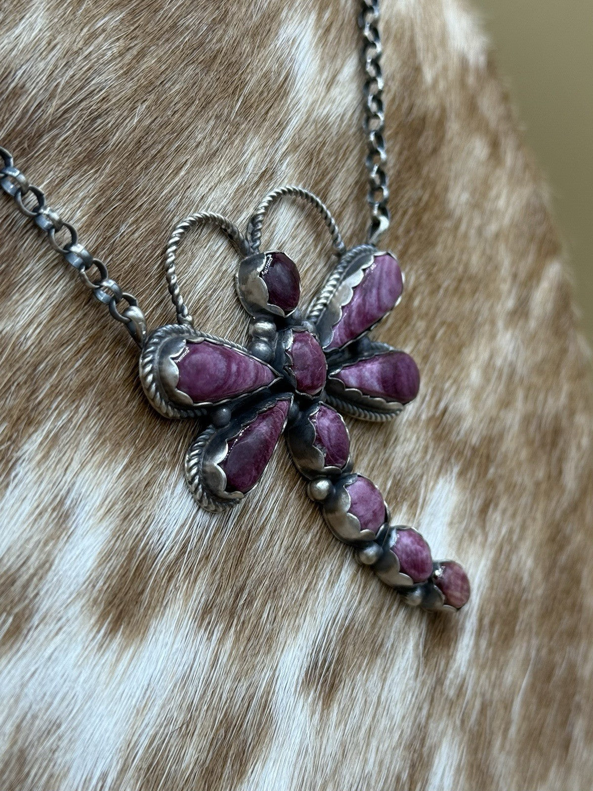 Navajo Handmade Sterling Silver Purple Spiny Oyster Dragonfly Bar Necklace 18”